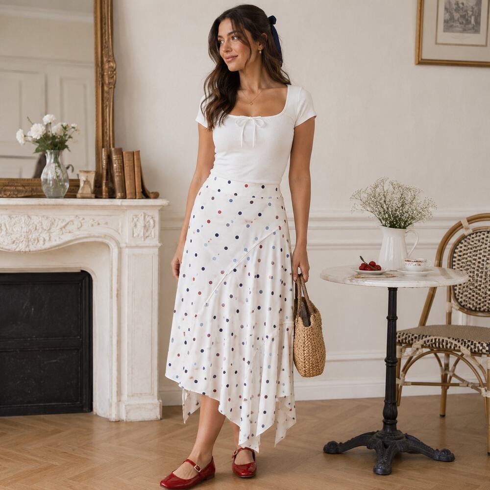 N12H Wonderland Polka Dot Hanky Hem Skirt Sz S Y2K Coquette Indie Paris Midi